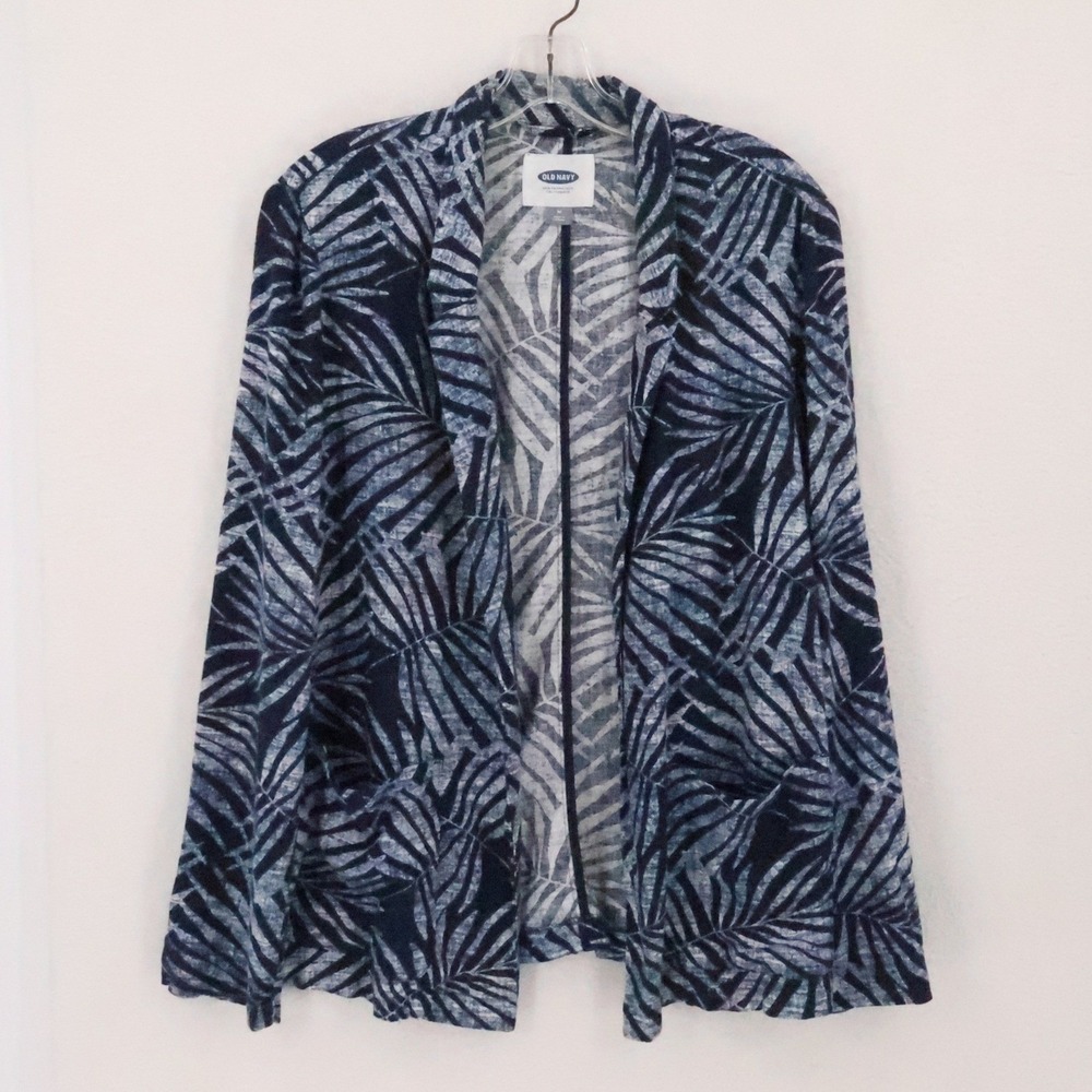 Old Navy Palm Print Linen Blend Blazer Womens Size M Blue Tropical Open Front